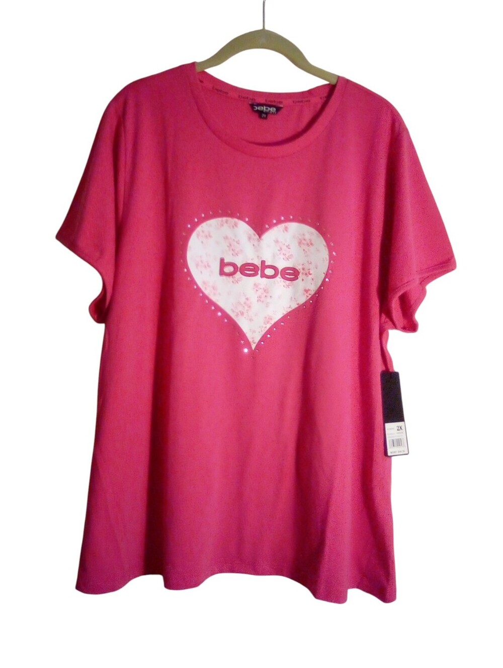 bebe Sport 2X Tee Shirt Flowered Heart Rhinestones Short Sleeves Crew Neck NWT